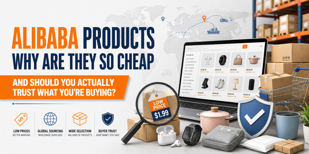 Header image about Alibaba products, low prices, and buyer trust.